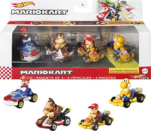 Hot Wheels HDB22 - Mario Kart-Fahrzeug (4er-Pack), Set mit 4 beliebten Figuren, darunter 1 Exklusives Modell, Spielzeug-Sammlergeschenk für Kinder und Fans ab 3 Jahren von Hot Wheels