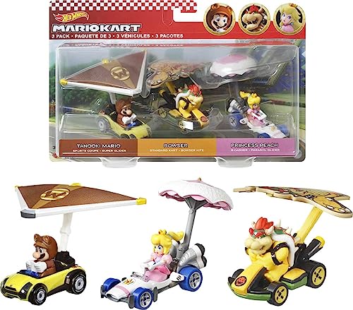 Hot Wheels HDB39 - Super Mario Kart Glider 3er-Pack, 3 Spielzeugautos im Maßstab 1:64, mit drehbaren Rädern und tollen Details, Spielzeug für Kinder ab 3 Jahren von Hot Wheels