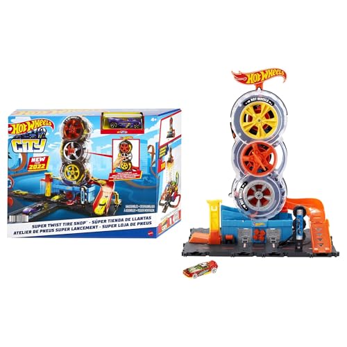 Hot Wheels HDP02 - City Super Reifenshop Spielset, mit einer Schlüsseldrehung die Autos durch die Reifen schicken, enthält 1 Fahrzeug, Spielzeug Geschenk für Kinder von 4 bis 8 Jahren von Hot Wheels