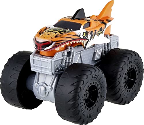 Hot Wheels HDX62 - Monster Tiger Shark-Truck mit Motor- und Crash-Geräuschen, Kabinenbeleuchtung, spielt das Helden-Titellied, riesige Räder, Geschenk für Kinder ab 3 Jahren von Hot Wheels