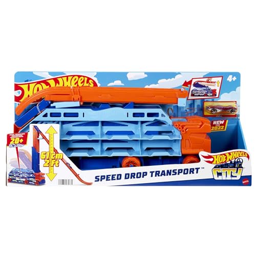 Hot Wheels City Transporter - mit ausfahrbarer Abfahrtsrampe, Ladefläche für 20 Fahrzeuge und Spezialräder - Geschenk für Kinder ab 4 Jahren, HDY92 von Hot Wheels