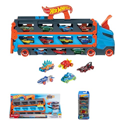 Hot Wheels HGH33 - 2-in-1 Rennbahn-Transporter zur Aufbewahrung mit 3 Fahrzeugen, fasst 20+ Fahrzeuge, von 4 bis 8 Jahren & 1806 - Geschenkset, je 5 Fahrzeuge, zufällige Autos/Fahrzeugmodelle,5er Pack von Hot Wheels