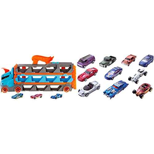 Hot Wheels HGH33 - 2-in-1 Rennbahn-Transporter zur Aufbewahrung mit 3 Fahrzeugen, fasst 20+ Fahrzeuge, von 4 bis 8 Jahren & 54886 - 1:64 Die-Cast Auto Geschenkset, je 10 Spielzeugautos, ab 3 Jahren von Hot Wheels