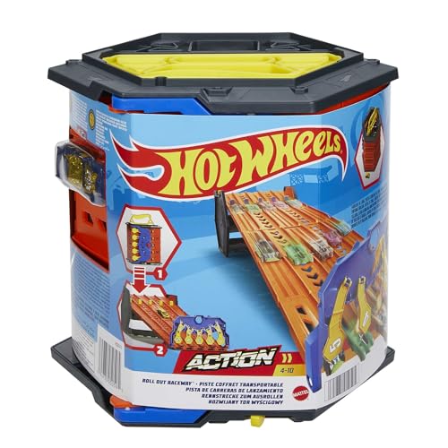 Hot Wheels HGK41 - Rollout Raceway Trackset, lässt Sich zu Einer fünfspurigen Rennstrecke ausrollen, Aufbewahrungsbehälter, Spielzeug Autorennbahn für Kinder ab 4 Jahren von Hot Wheels