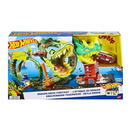 Hot Wheels City Drachenangriff Spielset, besiege den Drachen mit Stunts, lässt sich mit anderen Sets verbinden, enthält 1 Hot-Wheels-Spielzeugauto, Geschenk für Kinder von 3 bis 8 Jahren, HJV70 von Disney Prinzessin