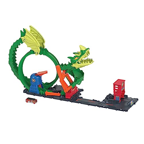 Hot Wheels City Drachenangriff Spielset, besiege den Drachen mit Stunts, lässt sich mit anderen Sets verbinden, enthält 1 Hot-Wheels-Spielzeugauto, Geschenk für Kinder von 3 bis 8 Jahren, HJV70 von Hot Wheels