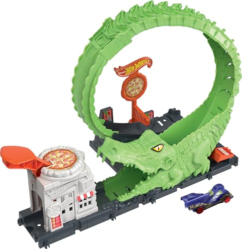 Hot Wheels Spielset Krokodilangriff - Rennbahn, Looping, Spirale, Verstellbarer Schwanz, Pizzeria-Design, für Kinder ab 4 Jahren, HKX39 von Hot Wheels