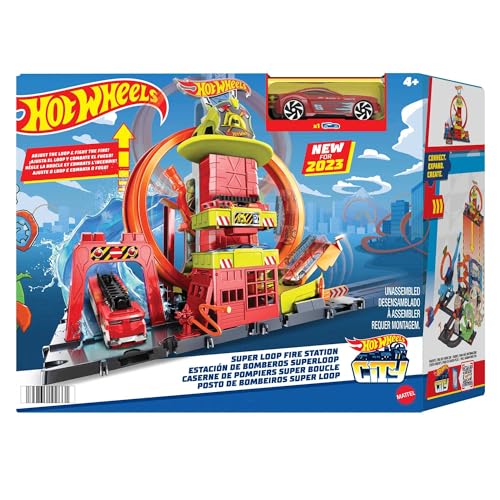 Hot Wheels City Super-Looping Feuerwache - Spielset mit manuellem Aufzug und wasserähnlicher Rampe und Parkplätzen für zusätzliche Autos, für Kinder ab 4 Jahren, HKX41 von Hot Wheels