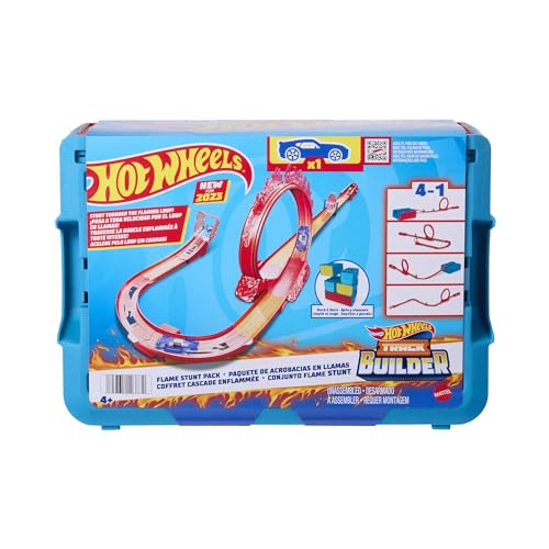 Hot Wheels Trackset, Trackset im Feuer-Design Fahrzeug, 16 Track- und Stuntkomponenten in stapelbarer Spielzeug-Aufbewahrungsbox, HMC04 von Hot Wheels