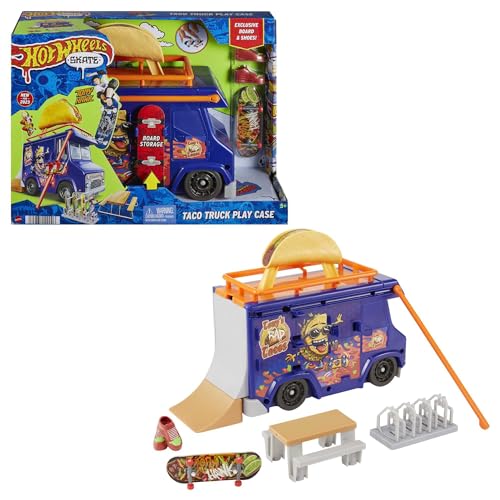 Hot Wheels Skate Taco-Truck Spielkoffer - Mit herausziehbarem Geländer für Coole Skate-Tricks, inklusive exklusivem Fingerboard und abnehmbaren Skateboard-Schuhen, Kinder ab 6 Jahren, HMK00 von Hot Wheels