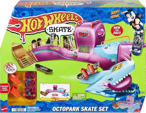 Hot Wheels Skate Octopark Skate-Set - Grind-Rails, Quarter-Pipes, Haikopf, Exklusives Fingerboard und Skateschuhe, für Kinder ab 5 Jahren, HMK01 von Hot Wheels