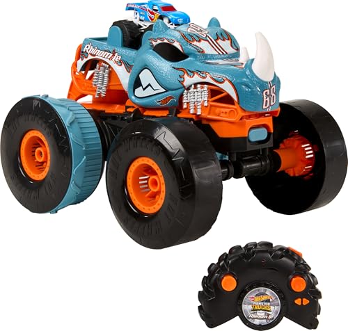 Hot Wheels Monster Trucks HW ferngesteuerten Rhinomite - umbaubar, 1:12 Monster Truck, Beschleuniger für 1:64 Monster Trucks, Allround-Fernsteuerung, für Kinder ab 6 Jahren, HPK27 von Hot Wheels