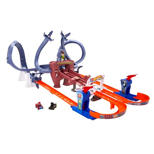 Hot Wheels RacerVerse Spider-Mans Netzschleuder-Rennbahn mit den Hot Wheels Rennautos Spider-Man und Black Panther, Rennen mit mehreren Runden auf der Flucht vor Dr. Octopus, HTM08 von Hot Wheels