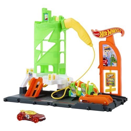 Hot Wheels Let's Race Netflix - City Superladung Tankstelle-Spielset mit Ladestationen für Elektrofahrzeuge und Spielzeugauto im Maßstab 1:64, HTN79 von Hot Wheels