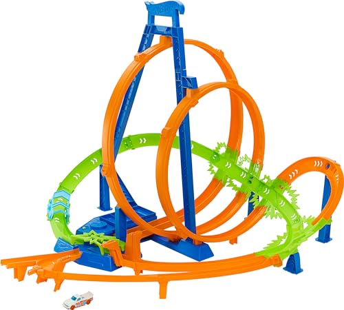 Hot Wheels Track Set, Episches Crash-Rennen mit 5 Crash-Zonen, motorisiertem Beschleuniger und 1 Auto im Maßstab 1:64, leicht aufzubewahren, HTP55 von Hot Wheels