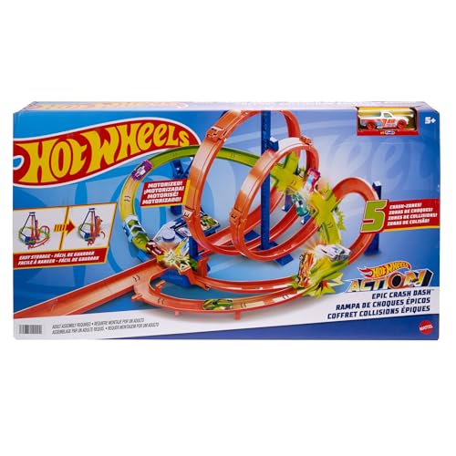 Hot Wheels Track Set, Episches Crash-Rennen mit 5 Crash-Zonen, motorisiertem Beschleuniger und 1 Auto im Maßstab 1:64, leicht aufzubewahren, HTP55 von Hot Wheels