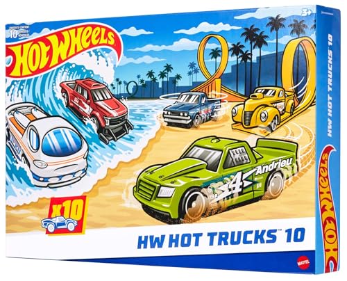 Hot Wheels Spielzeugtrucks im Maßstab 1:64,Set mit 10 Die-Cast Stunt,Utility-und Racing-Fahrzeugen und weiteren Spielzeug-Pick-ups,Transportern,Moderne und Retro-Modelle(Stile können abweichen),HYM97 von Hot Wheels