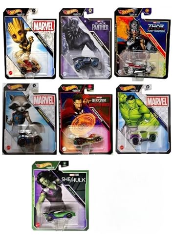 Hot Wheels Marvel Character Cars Pack mit 7 Fahrzeugen – Groot, Black Panther, Thor, Rocket, Doctor Strange, Hulk und She Hulk von Hot Wheels