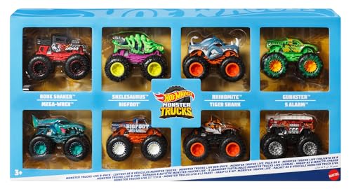 Hot Wheels Monster Trucks, Set aus 8 Die-Cast-Spielzeugtrucks im Maßstab 1:64 mit Hero und bei Fans beliebten Charakteren aus Monster Trucks Live und der YouTube-Serie, JCW76 von Hot Wheels