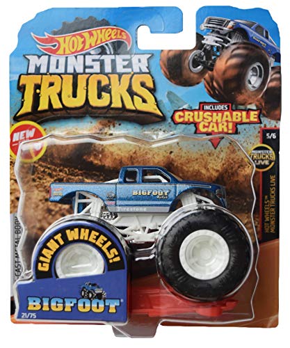 Hot Wheels Monster Trucks Bigfoot 21/75 - Zerquetschbares Auto im Maßstab 1:64, Blau mit weißem Käfig von Hot Wheels