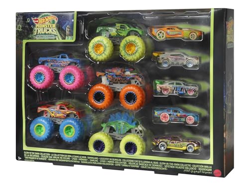 Hot Wheels Monster Trucks - Multipack mit Leuchteffekt im Dunkeln, 10 Fahrzeuge im Maßstab 1:64, 5 Monster Trucks und 5 Fahrzeuge für Sammler und Kinder, HCB57 von Hot Wheels