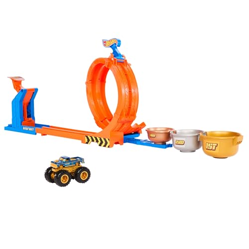 Hot Wheels Monster Trucks Truck- und Strecken-Spielset, Loop & Flip Trophy Challenge Spielset und Die-Cast-Bigfoot zum 50. Jubiläum im Maßstab 1:64, zwei Spielmöglichkeiten, JBX64 von Hot Wheels