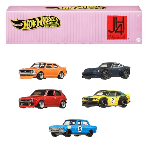 Hot Wheels Premium Car Culture Japan Historics 4 Container-Set mit 5 Die-Cast-Autos im Maßstab 1:64 im Aufbewahrungs- und Ausstellungscontainer zum Sammeln und Stapeln, HRW84 von Hot Wheels