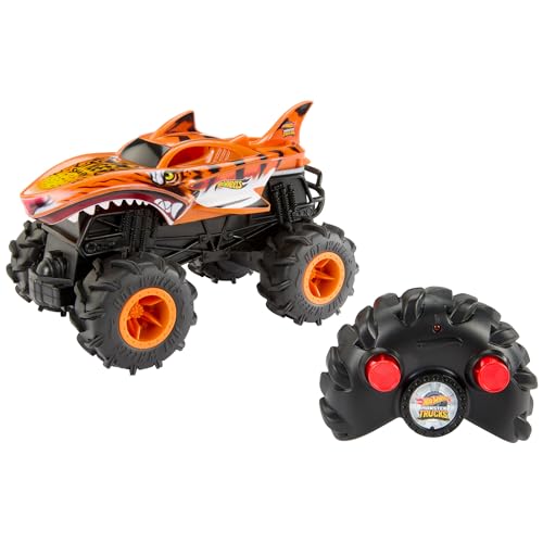 Hot Wheels Monster Trucks Ferngesteuertes Auto, HW Tigerhai RC im Maßstab 1:24, Ferngesteuerter Spielzeugtruck, Allradfunktionen mit Action-Geländereifen, voll funktionsfähige Fernbedienung, HNV03 von Hot Wheels