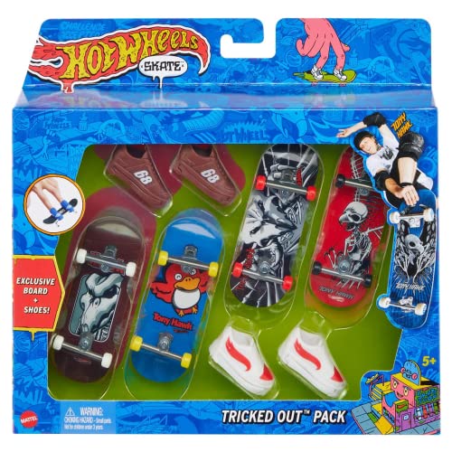 Hot Wheels Skate Fingerboard & Schuhe Multipack, 4 vollständig zusammengebaute Boards, 2 Paar Skateboard-Schuhe, 1 Exklusives Set, Spielzeug für Kinder ab 5 Jahren, HGT84 von Hot Wheels