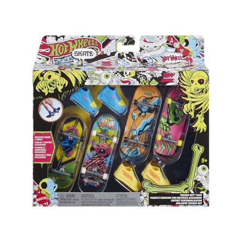 Hot Wheels Skate Neon Bones 4er Pack, inkl 4 Fingerboards und 2 Paare Skateboard-Schuhe, designt in Zusammenarbeit mit Tony Hawk, coole Grafiken in bunten Farben, ab 5 Jahren, HGP23 von Hot Wheels