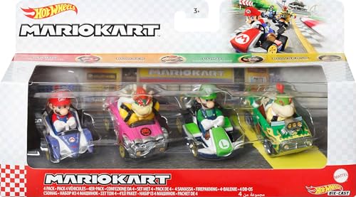 Hot Wheels - Spielzeug Set - Mariokart 4-Pack - 4er Fahrzeugsortiment - Mario - Bowser - Luigi - Bowser Jr. - JCP72 - Set mit 4 beliebten Figuren - Mattel 2024-1:64 von Hot Wheels