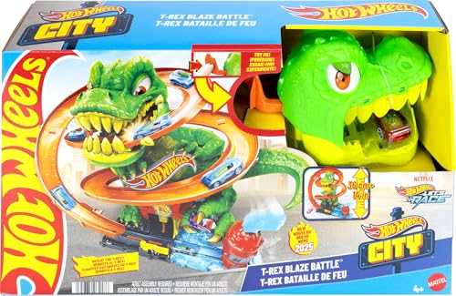 Hot Wheels Spielzeugauto Streckenset, City T-Rex-Feuerschlacht Spielset und 1 Die-Cast-Feuerwehrauto im Maßstab 1:64, über 45 cm groß, mehrere Rennausgänge, bewegliche Dinosaurieraugen, JBM73 von Hot Wheels