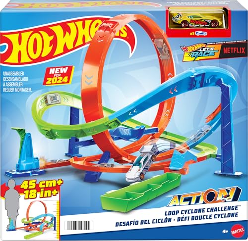 Hot Wheels Spielzeugauto-Trackset, Action-Trackset Looping-Zyklon-Challenge, 2 Spielmöglichkeiten und einfache Aufbewahrung, mit Spielzeugauto im Maßstab 1:64, HTK16 von Hot Wheels