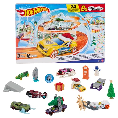 Hot Wheels Spielzeugautos, Adventskalender 2024, 8 Hot Wheels Autos im Maßstab 1:64, hinter 24 nummerierten Türchen verstecken sich 16 winterliche Zubehörteile und eine Spielmatte, HTG00 von Hot Wheels