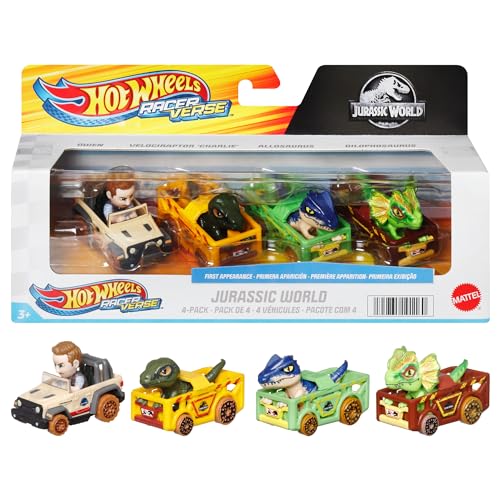 Hot Wheels Spielzeugautos, RacerVerse 4er-Pack mit Die-Cast-Fahrzeugen und Figuren aus Jurassic World: Charlie, Owen, Dilophosaurus und Allosaurus als Fahrer, HKD32 von Hot Wheels