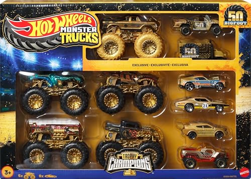 Hot Wheels Spielzeugautos und -Trucks, Monster Trucks Trophy Champions Collection mit Die-Cast-Bigfoot, 5-Alarm, Bone Shaker, Mega-Wrex und Tiger Shark sowie 6 Autos, JDW07 von Hot Wheels