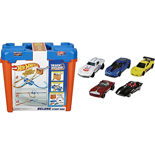 Hot Wheels Track Builder Mega Stunt Box & 01806 5er Pack 1:64 Die-Cast Fahrzeuge Geschenkset, je 5 Spielzeugautos, zufällige Auswahl, ab 3 Jahren von Hot Wheels