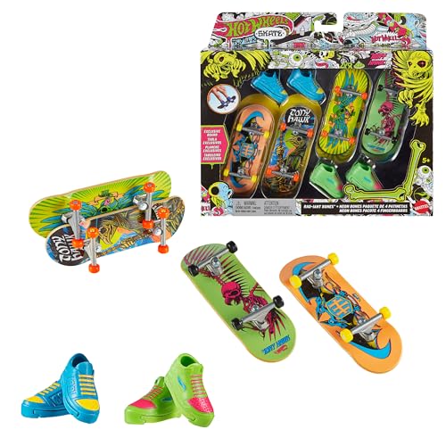 Hot Wheels Von Tony Hawk inspiriertes Hot Wheels Skate Neon Bones Set mit 4 Fingerboards und abnehmbaren Skateboard-Schuhen, die in Zusammenarbeit mit Tony Hawk entwickelt wurden, HXK84 von Hot Wheels