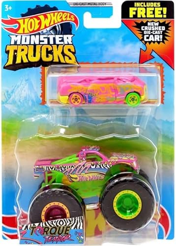 Monster Trucks Torque Terror with Free Crushed Car, Maßstab 1:64, Druckguss-Truck (Pink) von Hot Wheels