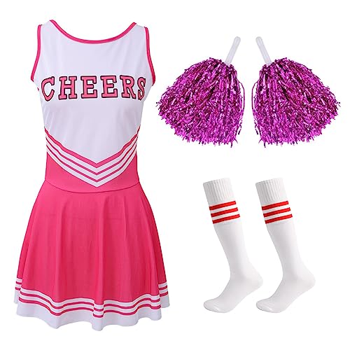 Hotfiary Cheerleader Kostüm für Frauen, Cheeleader Outfit Musikuniform mit passenden Pom Poms und gestreiften Kniestrümpfen, High School Kostüm Damen Cheerleadering Uniform von Hotfiary