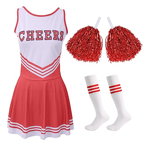 Hotfiary Cheerleader Kostüm für Frauen, Cheeleader Outfit Musikuniform mit passenden Pom Poms und gestreiften Kniestrümpfen, High School Kostüm Damen Cheerleadering Uniform von Hotfiary