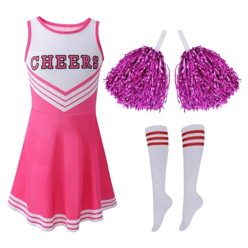 Hotfiary Mädchen Cheerleading Kleid mit Pompons und Socken, Kinder Schule Musical Fancy Party Dress Up 3-12 Jahre, Ceerleader Outfit für Halloween Cosplay Sport Spiel Uniform von Hotfiary