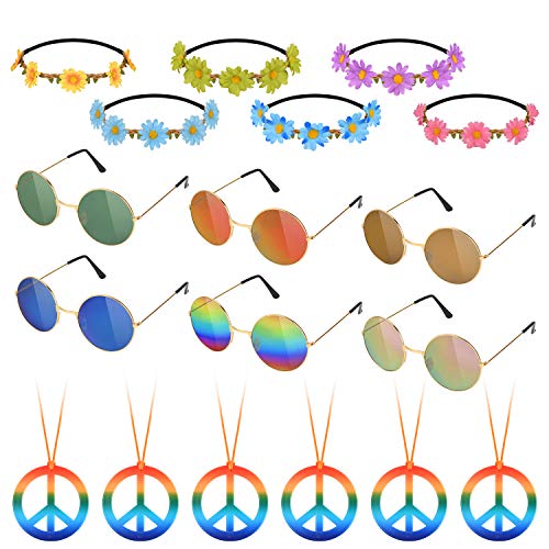 Hotgod 18 Stück Hippie Kostüm Zubehör Set für 60er/70er Jahre Hippie Party Kleidung Zubehör, (Friedenszeichen Halsketten, Gänseblümchen Haarbänder und runde Retro-Sonnenbrille) von Hotgod