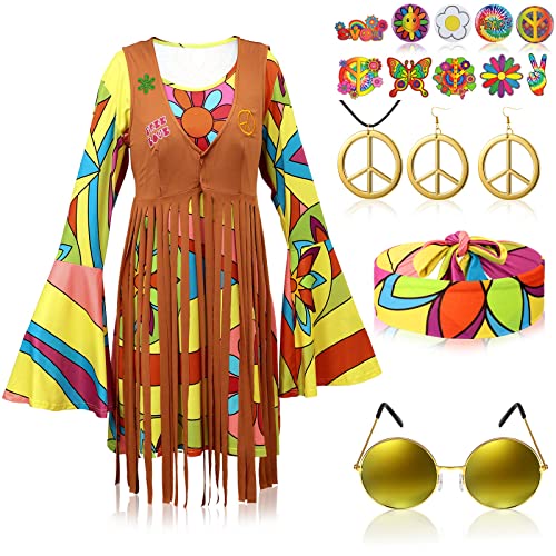 17 Stück 60er 70er Jahre Groovy Lady Hippie Kostüm Set Friedenszeichen Ohrringe Halskette Hippie Stirnband Kleid Hippie Sonnenbrille Hippie Tattoo Pins von Hotop