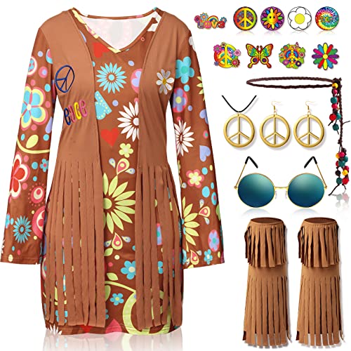 18 Stück 60er 70er Jahre Frauen Hippie Kostüm Set Hippie Peace Sign Ohrring Halskette Stirnband Sonnenbrille Kleid Knöchel Socken Tattoo Pins von Hotop