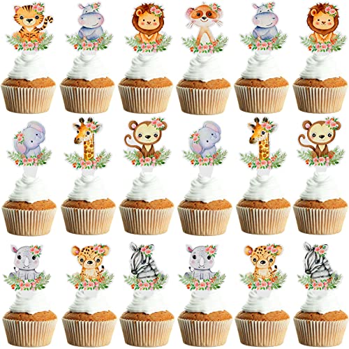 Hotop 60 Stück Mädchen Wild One Cupcake-Topper Floral Safari Cupcake Topper Wild Animal Thema Party Dekorationen für Safari Tier Geburtstag Party Baby Shower Dekorationen Zubehör von Hotop