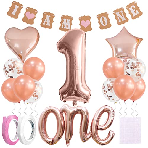 Houhounb 1. Geburtstag Dekoration Set I AM ONE Baner 40 Zoll Nummer 1 Ballon Roségold Große One Ballon Latexballon Luftballon für Deko Junge Mädchen Geburtstag First Birthday Dekorationen von Houhounb