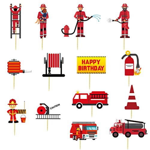 Houhounb 28Pcs Feuerwehr Geburtstag Kuchendekoration Happy Birthday Kuchen Tortendeko Feuerwehrmann Feuerwehrauto Feuerlöscher Cupcake Topper für Baby Kinder Geburtstag Party Dekoration von Houhounb