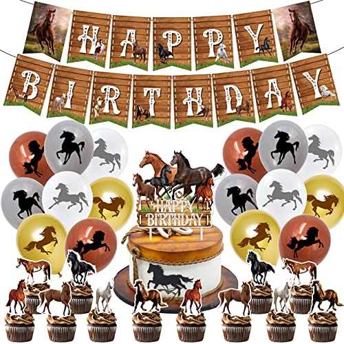 Houhounb 30 Stück Geburtstag Party Deko Set Pferde Luftballons Pferd Cupcake Topper Pferd Happy Birthday Banner für Pferdesport Themen Baby Shower Hochzeit Geburtstag Deko von Houhounb