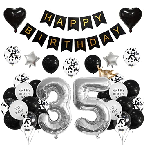 Houhounb 35. Geburtstag Dekoration 35. Party Luftballons Happy Birthday Banner Latexballon Luftballon für Deko Junge Mädchen Geburtstag, Schwarz und Silber von Houhounb